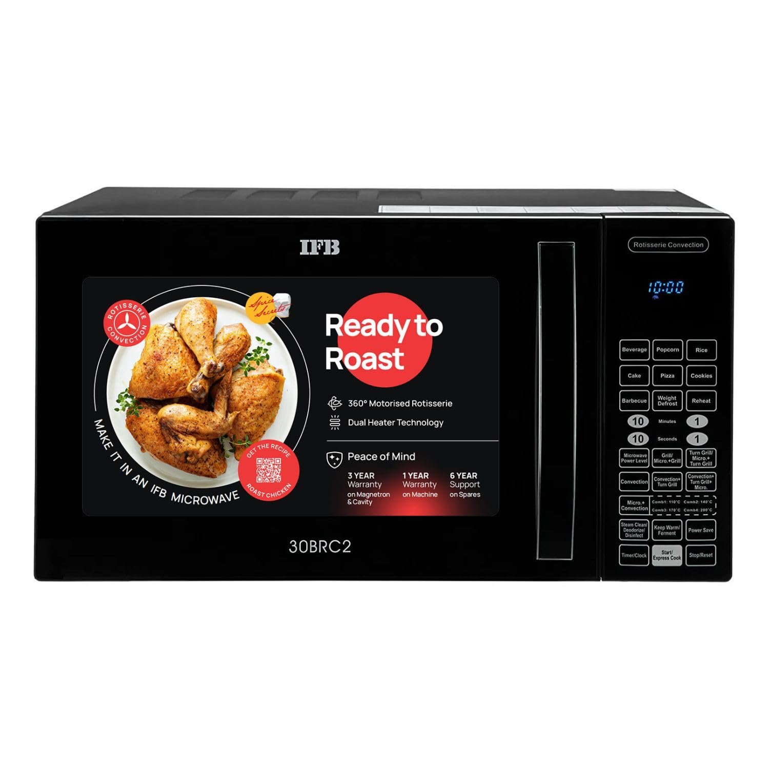 IFB 30L Convection Microwave Oven with 101 Standard Cook Menus (30BRC2, Black, 360 Degree Motorized Rotisserie, Weight Defrost, Steam Clean, Grill & 4 combi cook modes, 10 Power Levels)