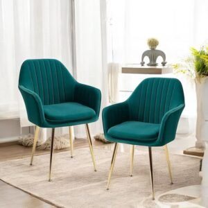 Velvet Accent Chair – Modern Upholstered Armchair with Soft Cushion, Padded Armrests & Metal Legs | Comfortable Lounge Chair for Living Room, Bedroom, Office, (Green, Pack of 2)
