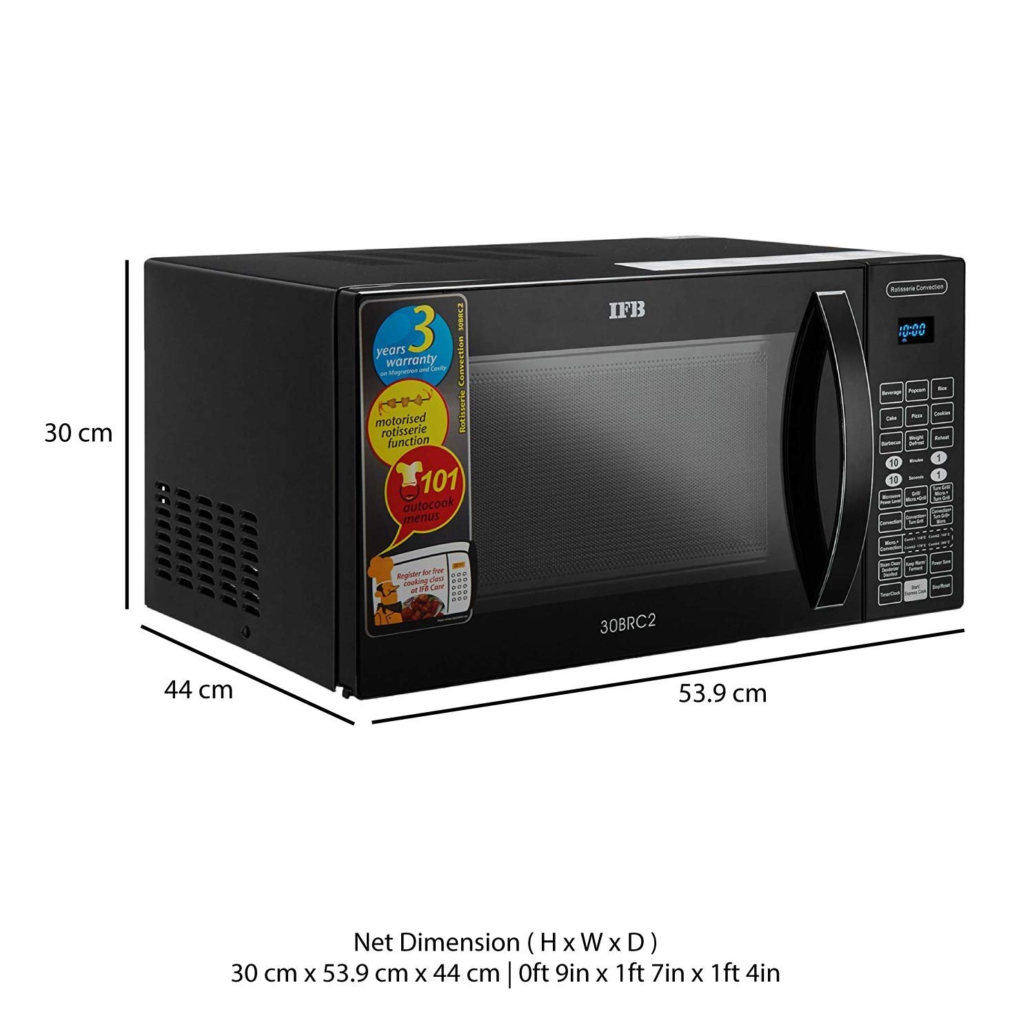 IFB 30L Convection Microwave Oven with 101 Standard Cook Menus (30BRC2, Black, 360 Degree Motorized Rotisserie, Weight Defrost, Steam Clean, Grill & 4 combi cook modes, 10 Power Levels) - Image 5